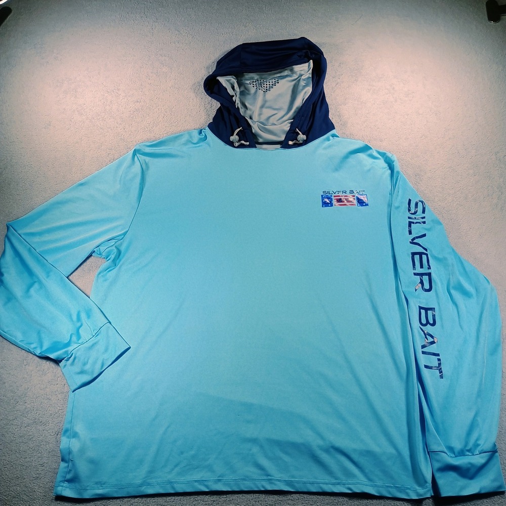 Silver Bait Mens Performance Hoodie Blue XL Integrated Face Mask Fishing Shirt